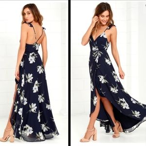 Lulus navy floral print high low wrap dress